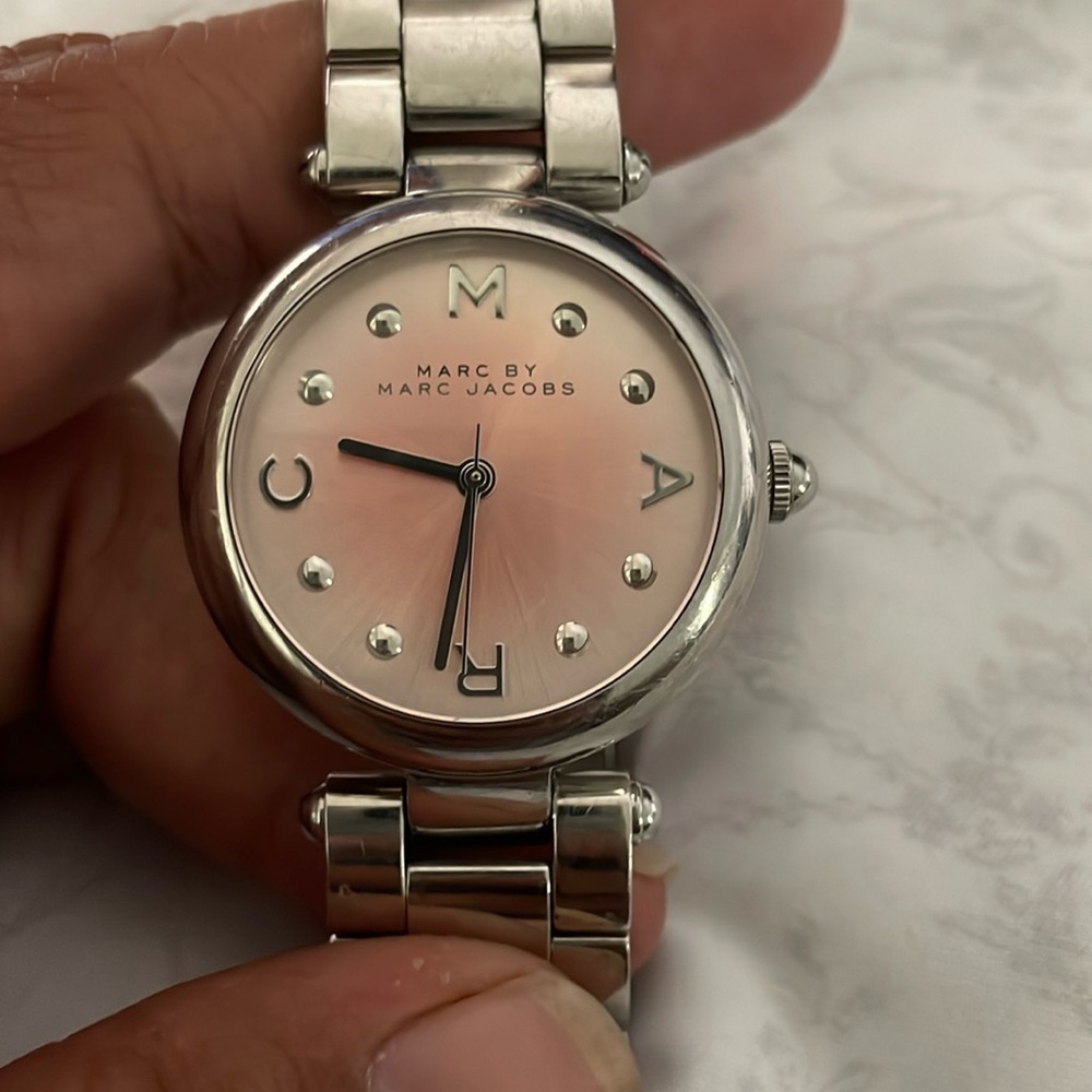 MARC by Marc Jacobs Woman’s Silver W/Pink Face Watch for SMALL WRIST.  6 inches